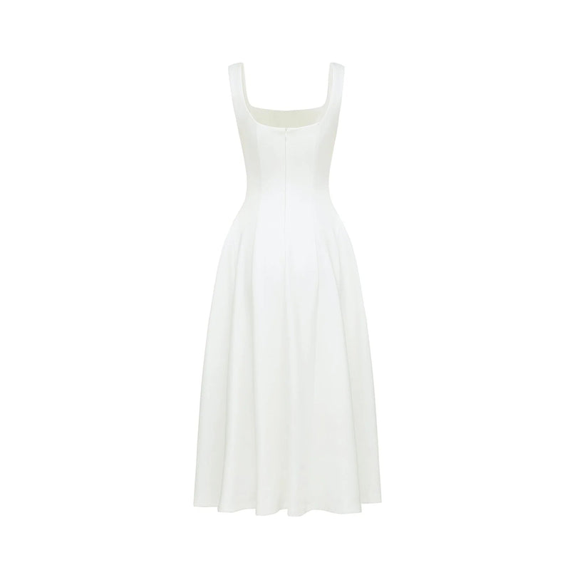 Annie White Square Neckline Pleated Midi Dress Polyester Nylon Spandex