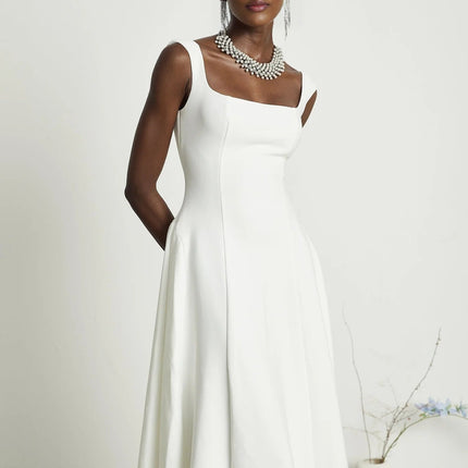 Annie White Pleated Square Neck Midi Dress