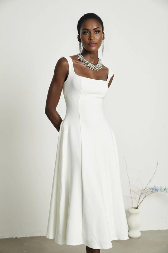Annie White Pleated Square Neck Midi Dress