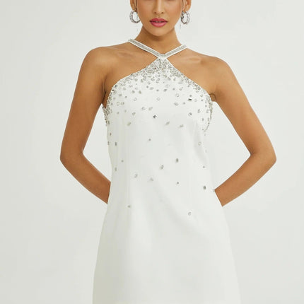 Annie White Polyester Choker Mini Dress with Embellishments and Rear Zip Fastening