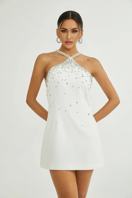 Annie White Polyester Choker Mini Dress with Embellishments and Rear Zip Fastening