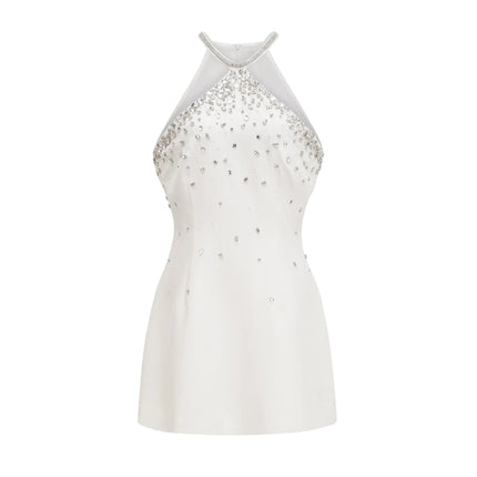 Annie White Polyester Choker Mini Dress with Intricate Embellishments