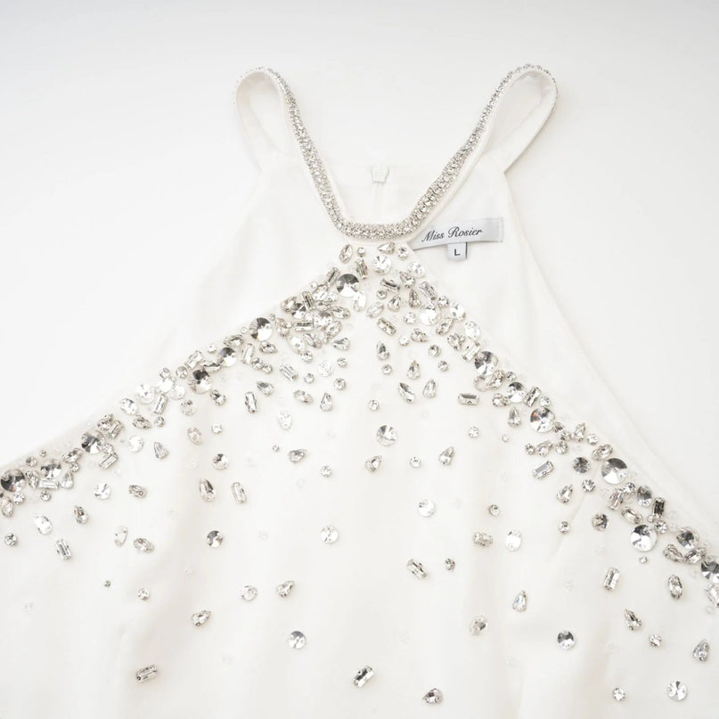 Annie White Polyester Choker Mini Dress with Intricate Embellishments