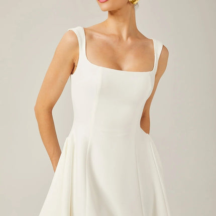 Annie White Sleeveless Flared Square Neck Mini Dress with Wide Shoulder Straps and Pleated Detailing