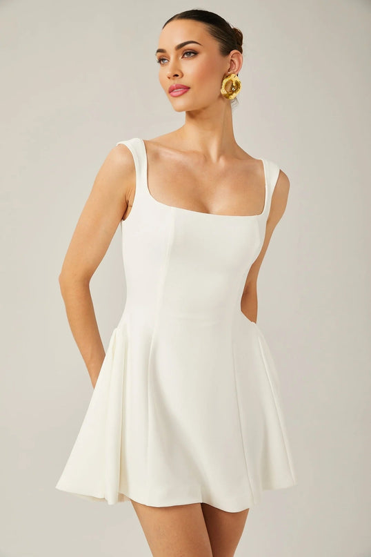Annie White Sleeveless Flared Square Neck Mini Dress with Wide Shoulder Straps and Pleated Detailing