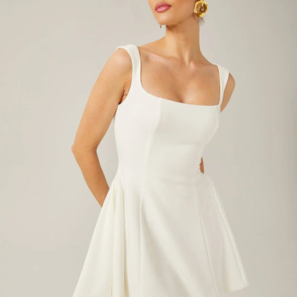 Annie White Sleeveless Flared Square Neck Mini Dress with Wide Shoulder Straps and Pleated Detailing