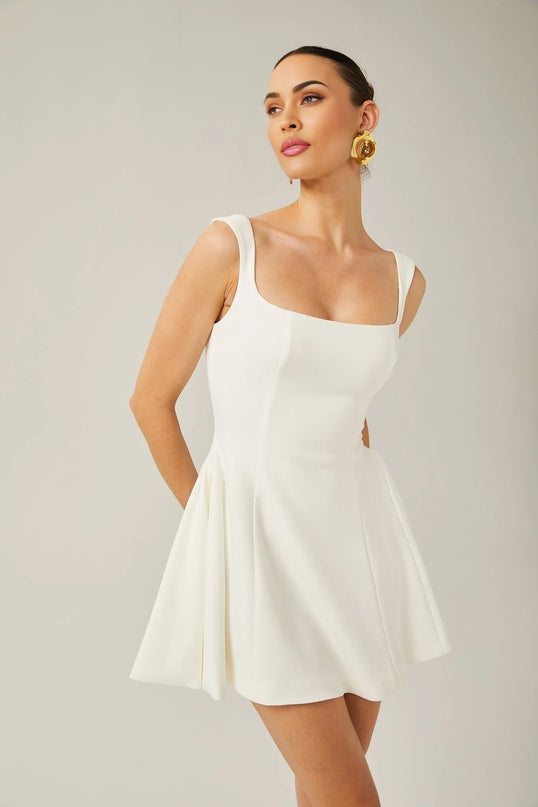 Annie White Sleeveless Flared Square Neck Mini Dress with Wide Shoulder Straps and Pleated Detailing