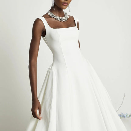 Annie White Square Neck Pleated Midi Dress