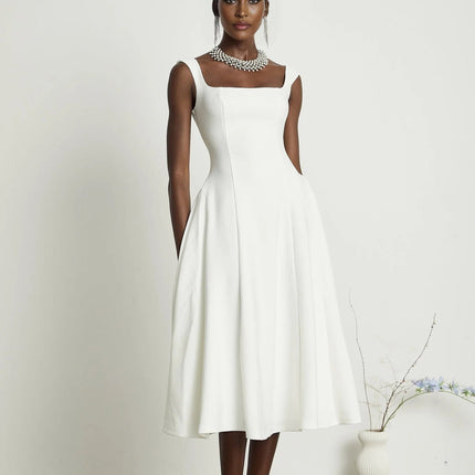 Annie White Square Neckline Pleated Midi Dress