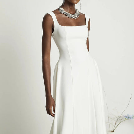 Annie White Square Neckline Pleated Midi Dress