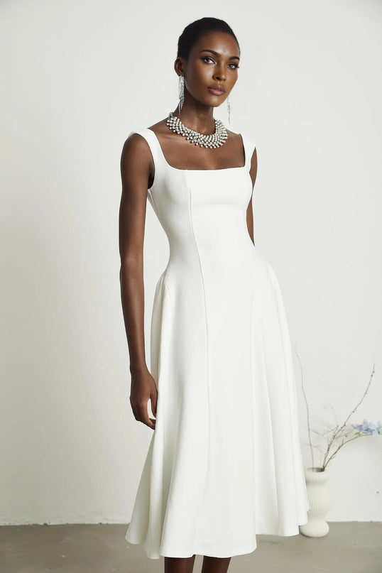 Annie White Square Neckline Pleated Midi Dress