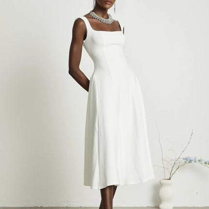 Annie White Square Neckline Pleated Midi Dress