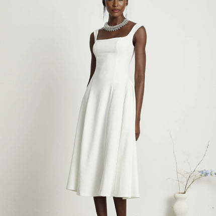 Annie White Square Neckline Pleated Midi Dress