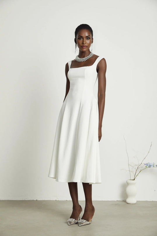 Annie White Square Neckline Pleated Midi Dress