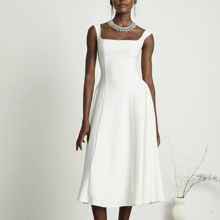 Annie White Square Neckline Pleated Midi Dress