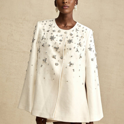Annie White Wool Blend Cape Jacket with Crystal Embellishments