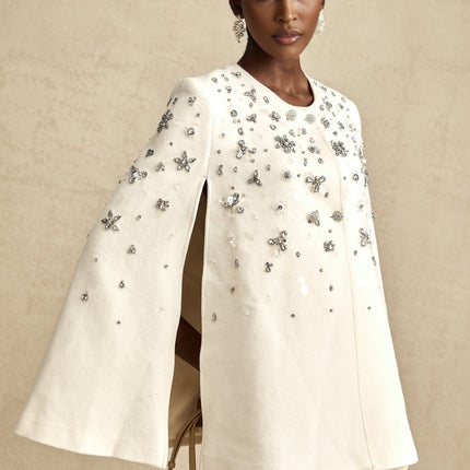 Annie White Wool Blend Cape Jacket with Crystal Embellishments