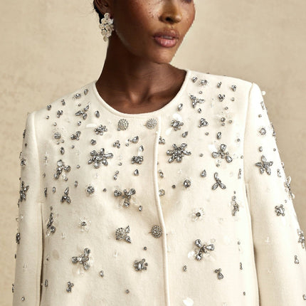 Annie White Wool Blend Cape Jacket with Crystal Embellishments