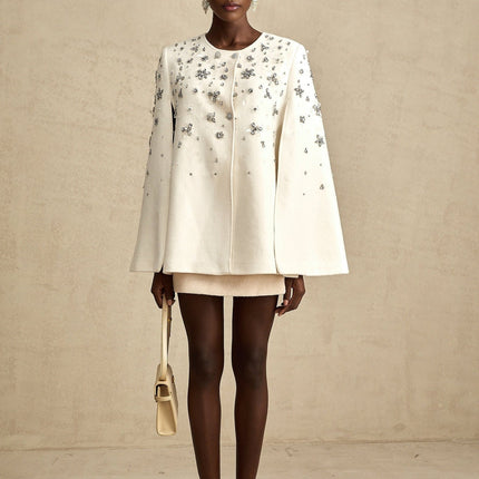 Annie White Wool Blend Cape Jacket with Crystal Embellishments