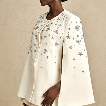 Annie White Wool Blend Cape Jacket with Crystal Embellishments