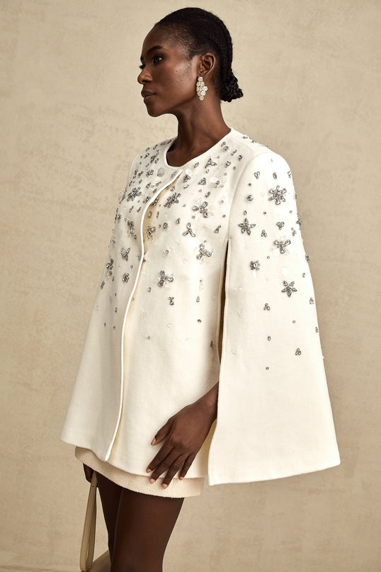 Annie White Wool Blend Cape Jacket with Crystal Embellishments