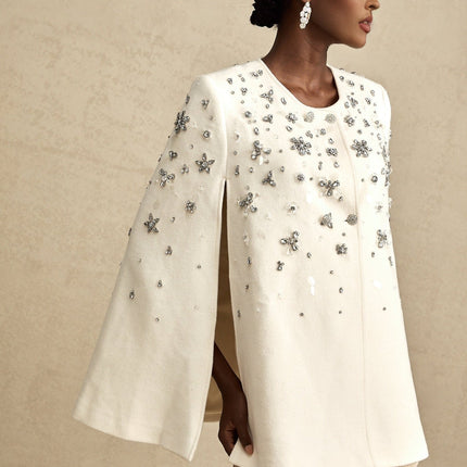 Annie White Wool Blend Cape Jacket with Crystal Embellishments