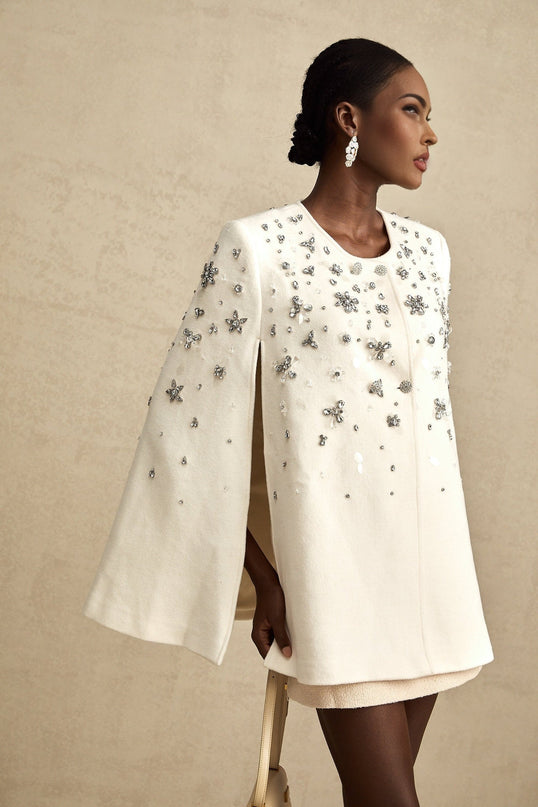 Annie White Wool Blend Cape Jacket with Crystal Embellishments