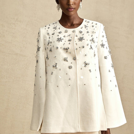 Annie White Wool Blend Cape Jacket with Crystal Embellishments