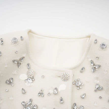 Annie White Wool Blend Cape Jacket with Crystal Embellishments Round Neck and Front Button Fastening