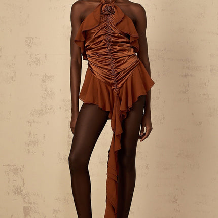 Annunziata Brown Floral Applique Halterneck Mini Dress