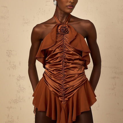 Annunziata Brown Halterneck Floral Appliqué Ruched Mini Dress