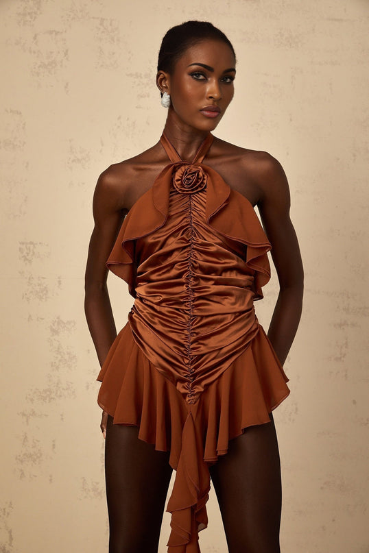 Annunziata Brown Halterneck Floral Appliqué Ruched Mini Dress