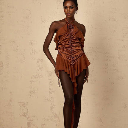 Annunziata Brown Halterneck Floral Appliqué Ruffle Mini Dress