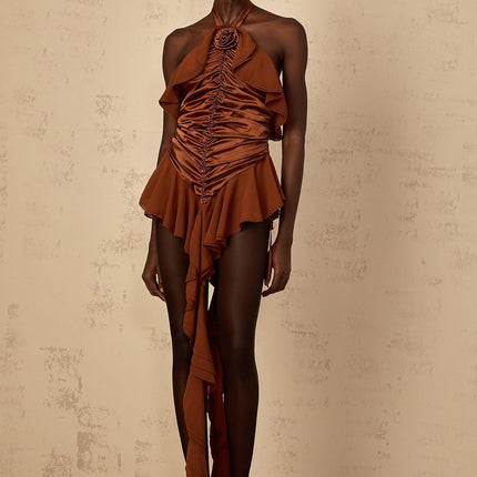 Annunziata Brown Halterneck Floral Appliqué Ruffle Mini Dress