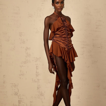 Annunziata Brown Halterneck Floral Appliqué Ruffle Mini Dress