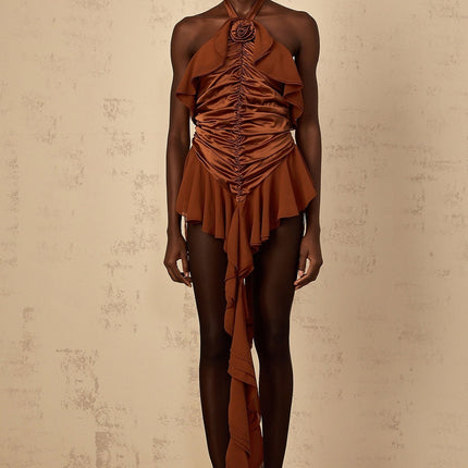 Annunziata Brown Mini Dress with Floral Appliqué and Ruched Detailing