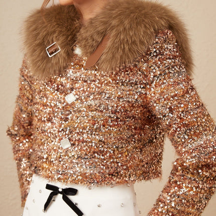 Annunziata Gold Accent Fox Fur Sequin Jacket