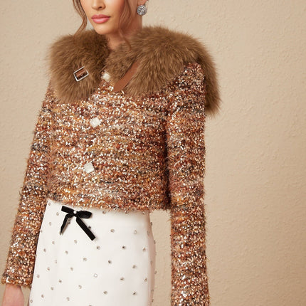 Annunziata Gold Accented Fox Fur Sequin Jacket