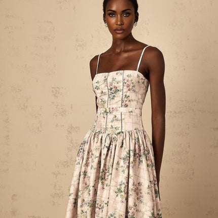 Annunziata Midi Dress in Neutrals floral print shirred effect square neck sleeveless silhouette rear zip fastening Terylene fiber