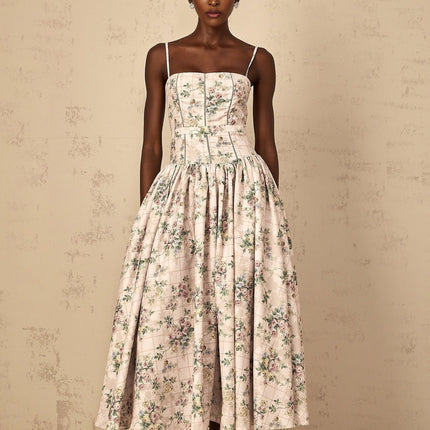 Annunziata Neutrals Floral Midi Dress with Cinched Waist and Shirred Effect