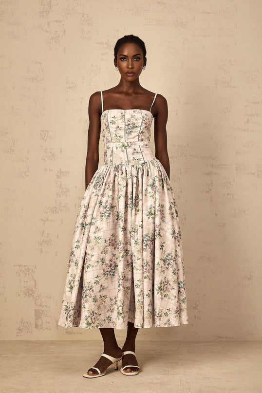 Annunziata Neutrals Floral Midi Dress with Cinched Waist and Shirred Effect