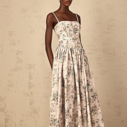 Annunziata Neutrals Floral Midi Dress with Shirred Effect and Adjustable Straps