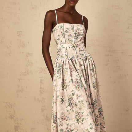 Annunziata Neutrals Floral Midi Dress with Shirred Effect and Adjustable Straps