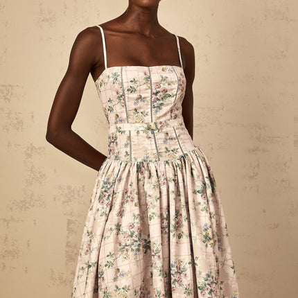 Annunziata Neutrals Floral Midi Dress with Shirred Effect Square Neck and Adjustable Straps