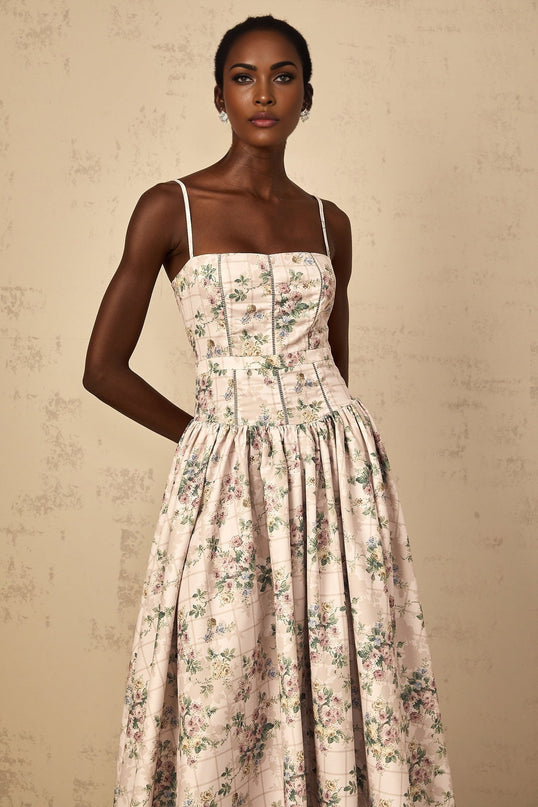 Annunziata Neutrals Floral Midi Dress with Shirred Effect Square Neck and Adjustable Straps