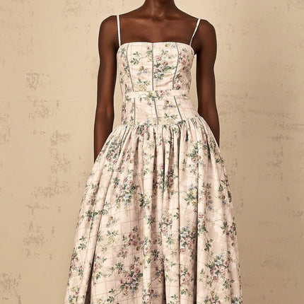 Annunziata Neutrals Floral Print Midi Dress Square Neck Sleeveless Cinched Waist