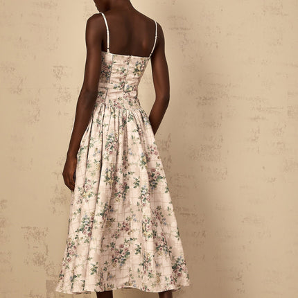 Annunziata Neutrals Floral Print Midi Dress with Adjustable Straps and Cinched Waist
