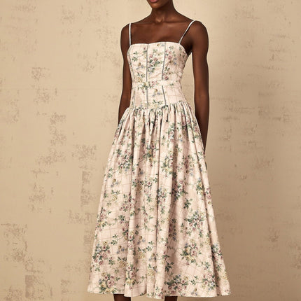 Annunziata Neutrals Floral Print Midi Dress with Shirred Effect and Square Neck