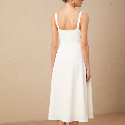 Annunziata White Square Neck Faux Flower Pattern Midi Dress Polyester Spandex