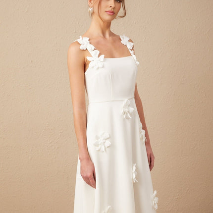 Annunziata White Midi Dress Square Neck Faux Flower Pattern Polyester Spandex